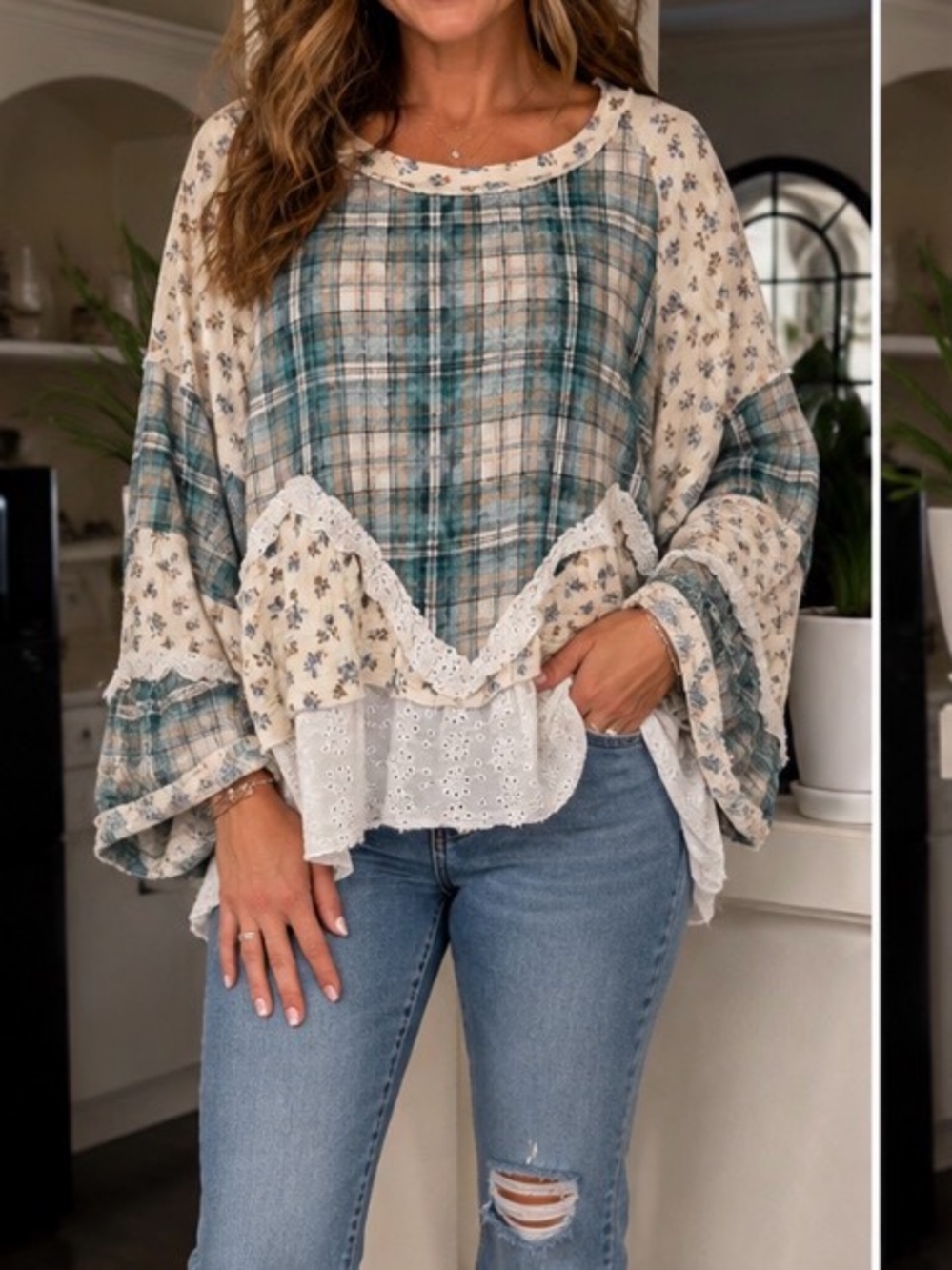 POL teal plaid and floral top with lace detail sz M NWOT